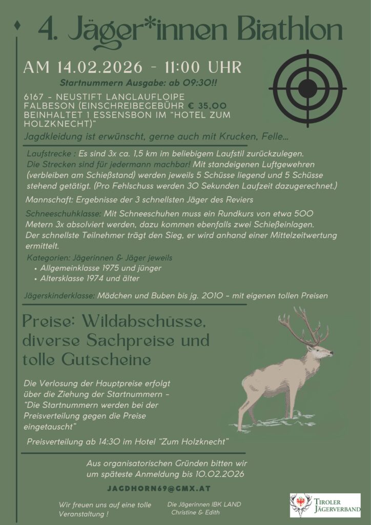 Flyer zum 4. Jägerinnen Biathlon am 14.02.2026 in Neustift